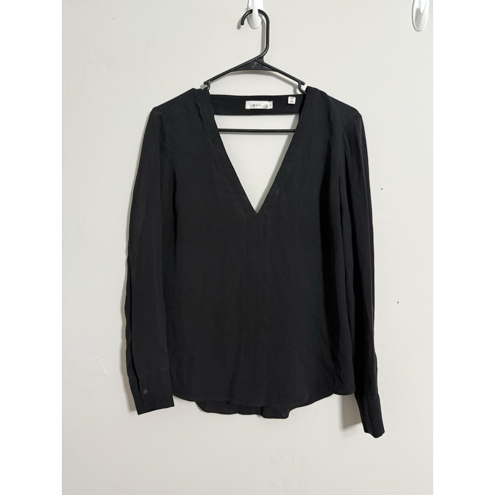 A.L.C. Black 100% Silk Deep V-Neck Long Sleeve Blouse Size 2 Classy Luxury